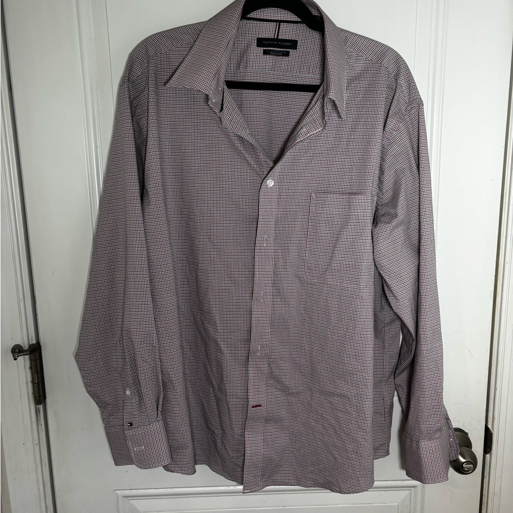 Tommy Hilfiger Men's Red and White Checkered Dress Shirt
